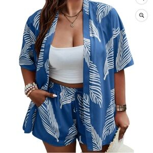 Blue Women's 2-Piece Leaf Print Summer Casual Lightweight Outfit for Beach
